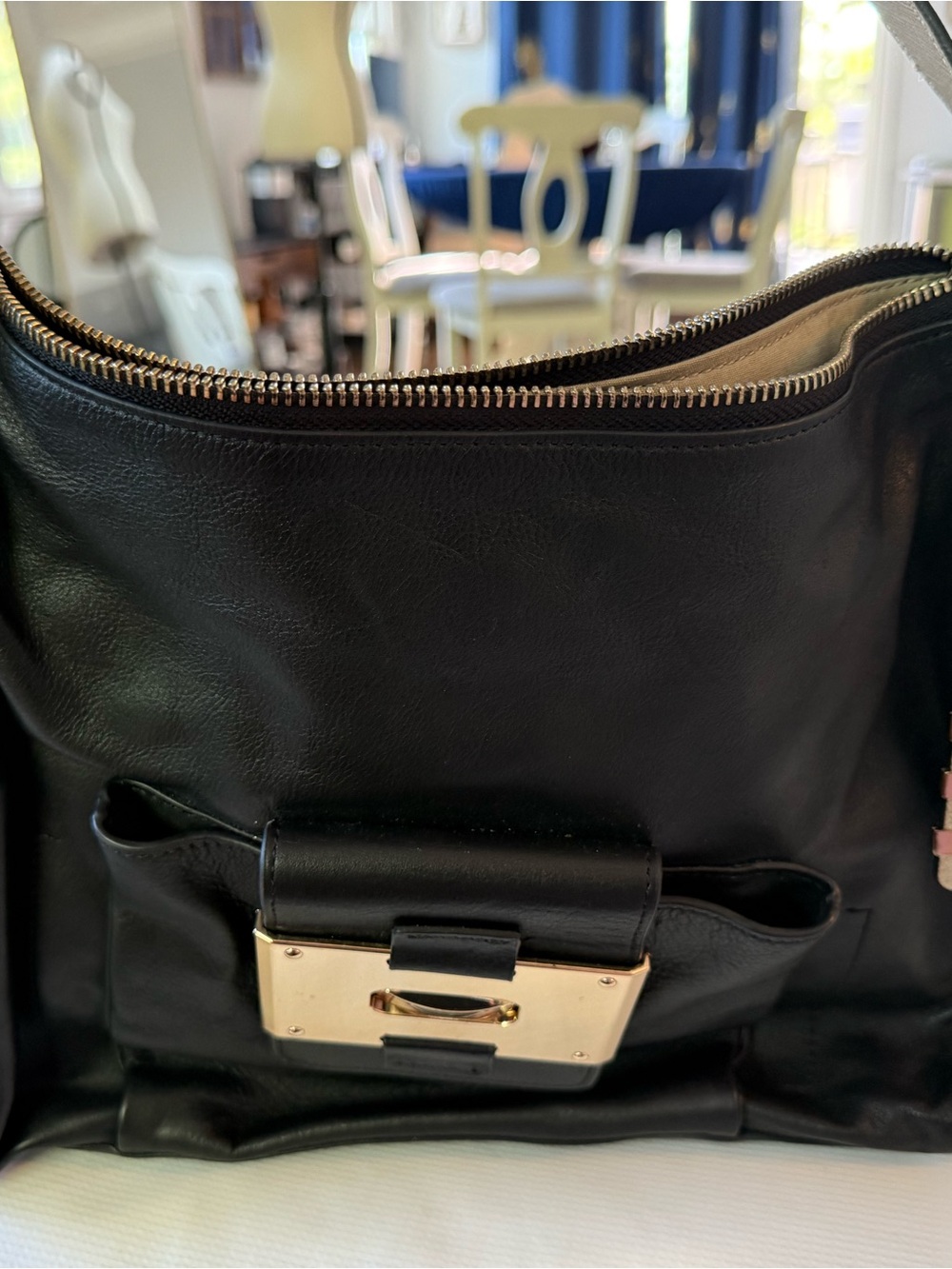 OH by Joy Gryson Black Leather Tote with Gold Plate Accent